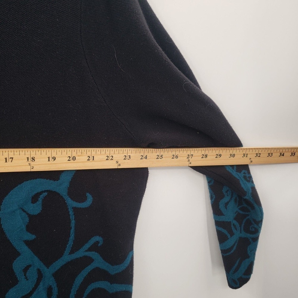 Chico's Scroll Print Sweater Cardigan Womens XL 3 Black Teal Blue Longline Tunic - Picture 7 of 12